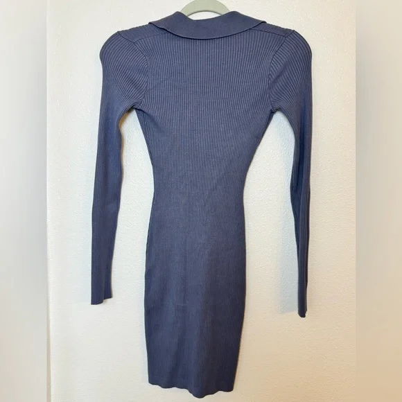 Hollister Ribbed Long-Sleeve V-Neck Polo Dress Blue - Picture 3 of 4